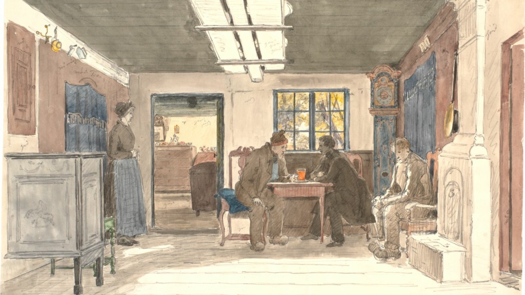 Martinus Rørbye, En bondestue på Samsø med en kone og tre mænd, 1847, KKSgb6258